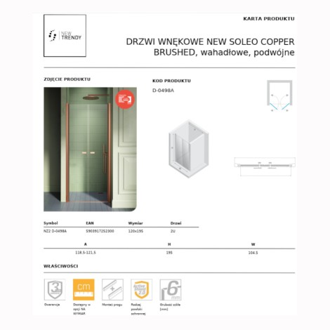 New Trendy New Soleo drzwi wnękowe wahadłowe podwójne 120 cm miedziane