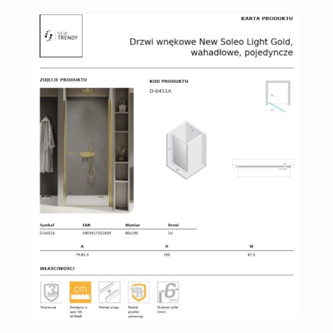 New Trendy New Soleo drzwi wnękowe wahadłowe pojedyncze 80 cm light gold