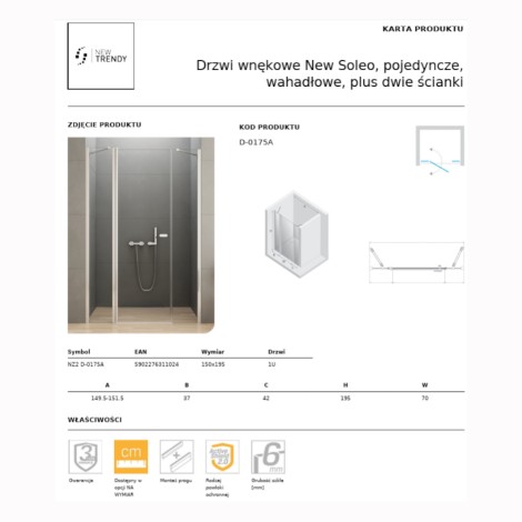 New Trendy New Soleo drzwi wnękowe wahadłowe pojedyncze 150 cm plus dwie ścianki chrom