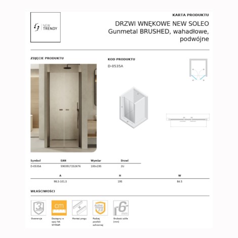 New Trendy New Soleo drzwi wnękowe wahadłowe podwójne 100 cm gunmetal