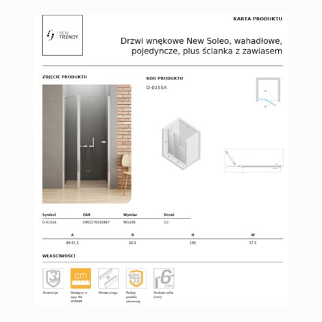 New Trendy New Soleo drzwi wnekowe wahadłowe pojedyncze 90 cm plus ścianka z zawiasem chrom
