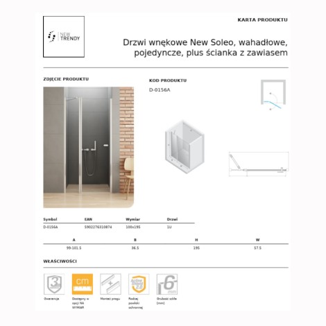 New Trendy New Soleo drzwi wnękowe wahadłowe pojedyncze 100 cm plus ścianka z zawiasem chrom