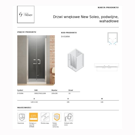 New Trendy New Soleo drzwi wnękowe wahadłowe podwójne 150 cm chrom