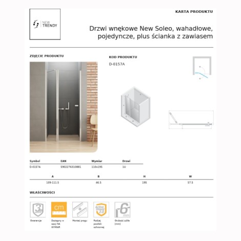 New Trendy New Soleo drzwi wnękowe wahadłowe pojedyncze 110 cm plus ścianka z zawiasem chrom