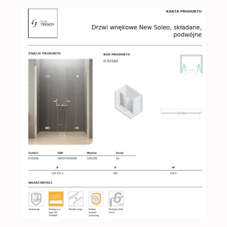 New Trendy New Soleo drzwi wnękowe składane podwójne 130 cm chrom