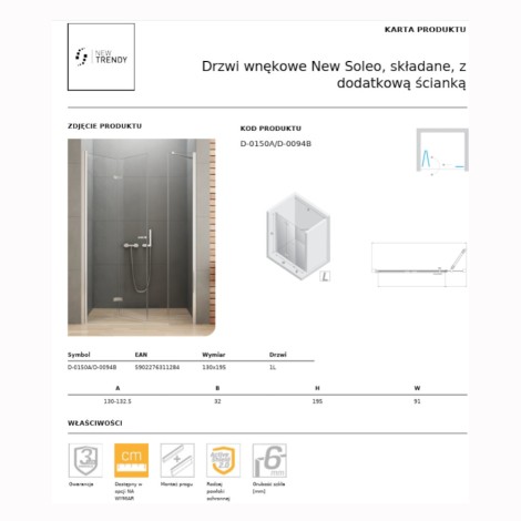 New Trendy New Soleo drzwi wnękowe składane lewe 130 cm z dodatkową ścianką chrom