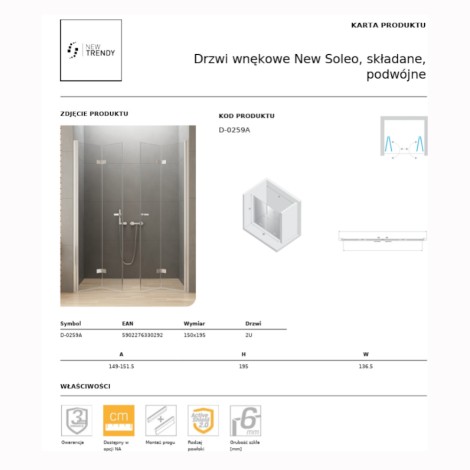 New Trendy New Soleo Drzwi wnękowe składane podówjne 150 cm chrom