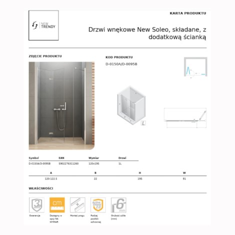 New Trendy New Soleo drzwi wnękowe składane lewe 120 cm z dodatkową ścianką chrom