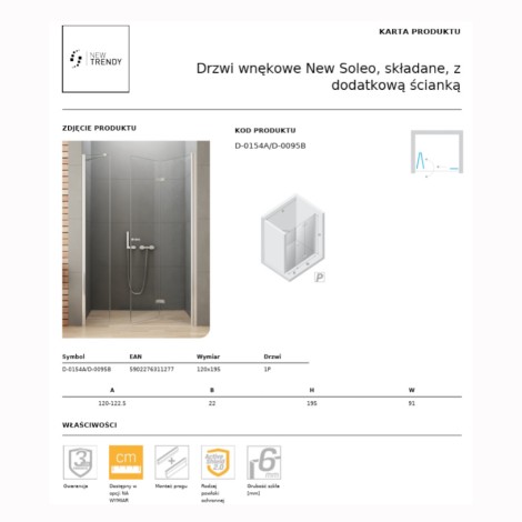 New Trendy New Soleo drzwi wnękowe składane prawe 120 cm z dodatkową ścianką chrom