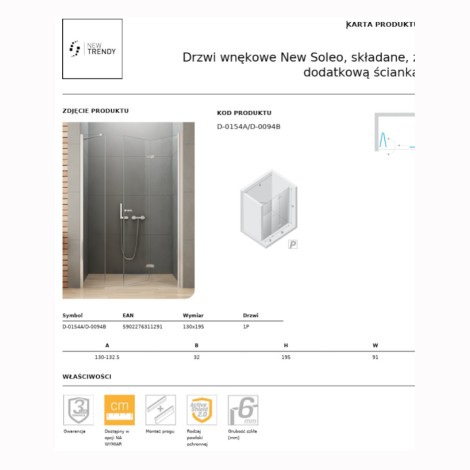 New Trendy New Soleo drzwi wnękowe składane prawe 130 cm z dodatkową ścianką chrom