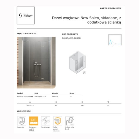 New Trendy New Soleo drzwi wnękowe składane prawe 140 cm z dodatkową ścianką chrom