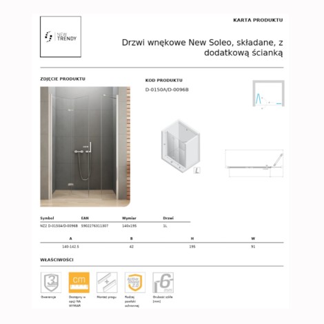 New Trendy New Soleo drzwi wnękowe składane lewe 140 cm z dodatkową ścianką chrom