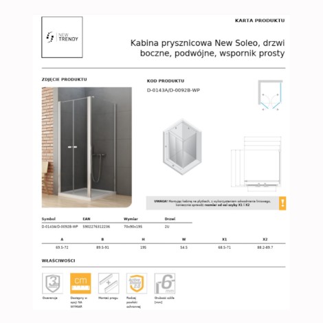 New Trendy New Soleo kabina prysznicowa prostokątna drzwi boczne, podwójne,wspornik prosty 70x90 cm