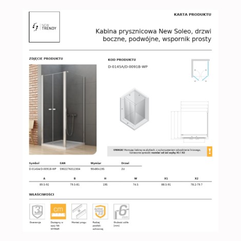 New Trendy New Soleo kabina prysznicowa prostokątna drzwi boczne, podwójne,wspornik prosty 90x80 cm