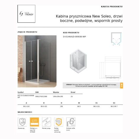 New Trendy New Soleo kabina prysznicowa kwadratowa drzwi boczne, podwójne, wspornik prosty 100x100 