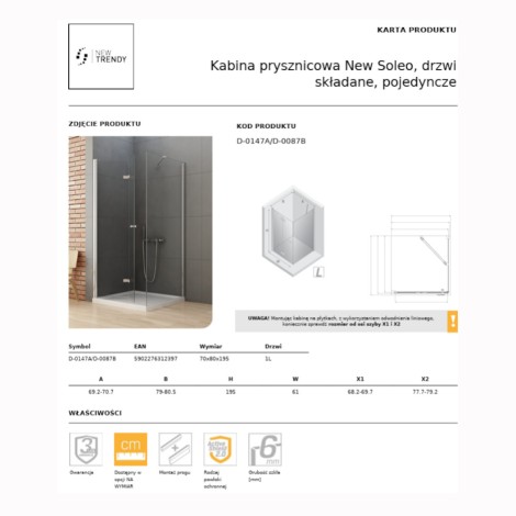 New Trendy New Soleo kabina prysznicowa prostokątna drzwi pojedyncze, składane lewe 70x80 cm chrom