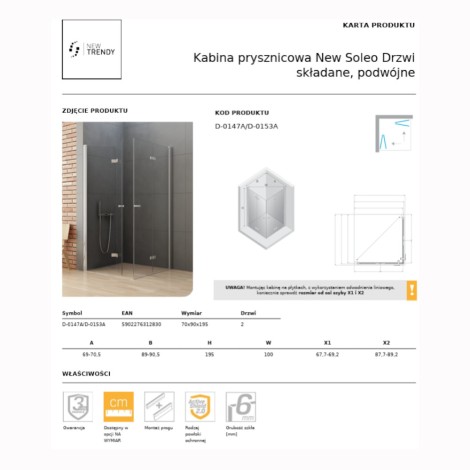 New Trendy New Soleo kabina prysznicowa prostokątna drzwi składane, podwójne 70x90 cm chrom