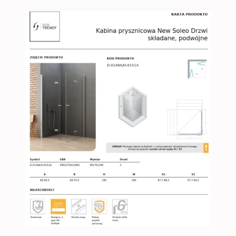 New Trendy New Soleo kabina prysznicowa prostokątna drzwi składane, podwójne 90x70 cm chrom