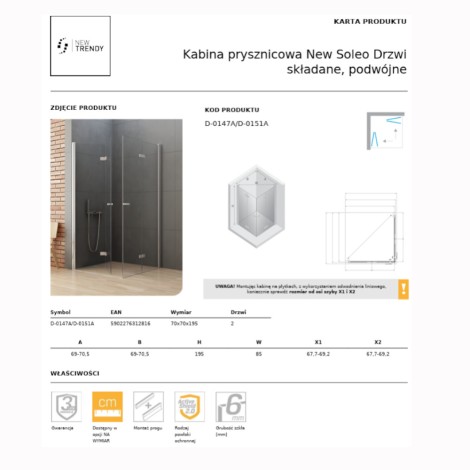 New Trendy New Soleo kabina prysznicowa kwadratowa drzwi podwójne, składane 70x70 cm chrom