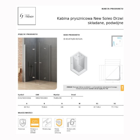 New Trendy New Soleo kabina prysznicowa prostokątna drwi składane, podwójne 70x80 cm chrom