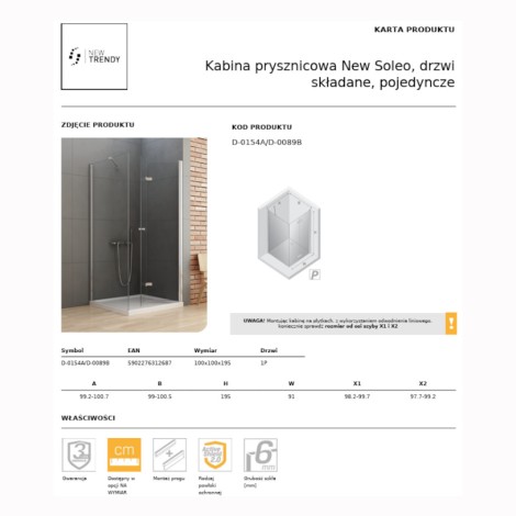 New Trendy New Soleo kabina prysznicowa kwadratowa drzwi pojedyncze, składane prawe 100x100 cm chro