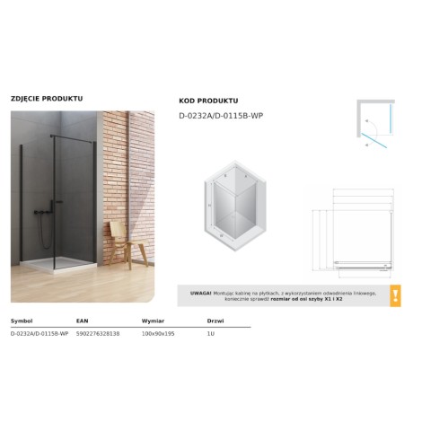 New Trendy New Soleo Black kabina prysznicowa wspornik równoległy, pojedyncze drzwi 100x90x195