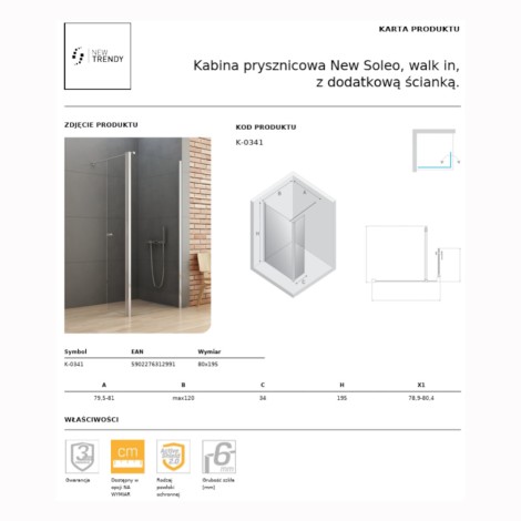 New Trendy New Soleo kabina prysznicowa walk-in z dodatkową ścianką 80 cm chrom