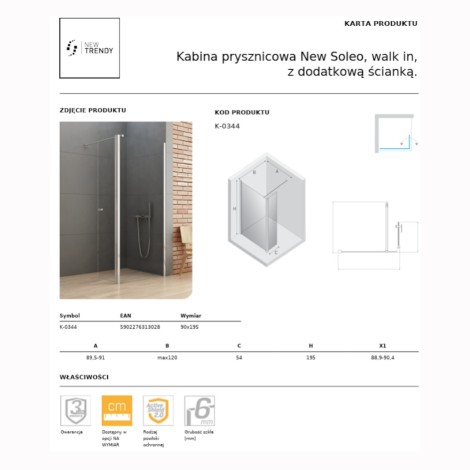 New Trendy New Soleo kabina prysznicowa walk-in z dodatkową ścianką 90 cm chrom