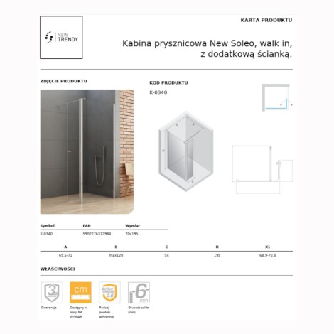 New Trendy New Soleo kabina prysznicowa walk-in z dodatkową ścianką 70 cm chrom