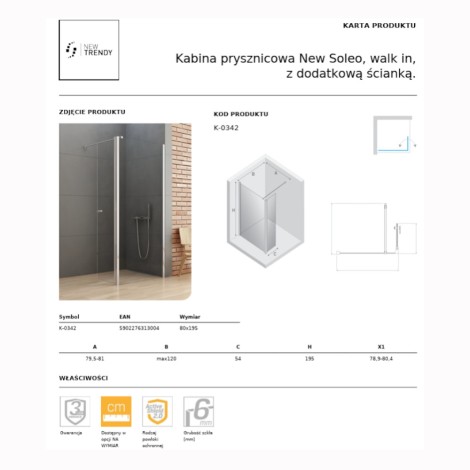 New Trendy New Soleo kabina prysznicowa walk-in z dodatkową ścianką 80 cm chrom