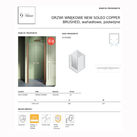 New Trendy New Soleo drzwi wnękowe wahadłowe podwójne 130 cm miedziane szczotkowane