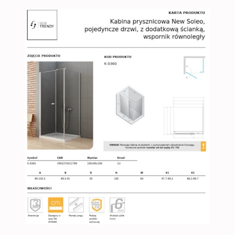 New Trendy New Soleo kabina prysznicowa prostokątna drzwi pojedyncze, z dodatkową ścianką, wsporni