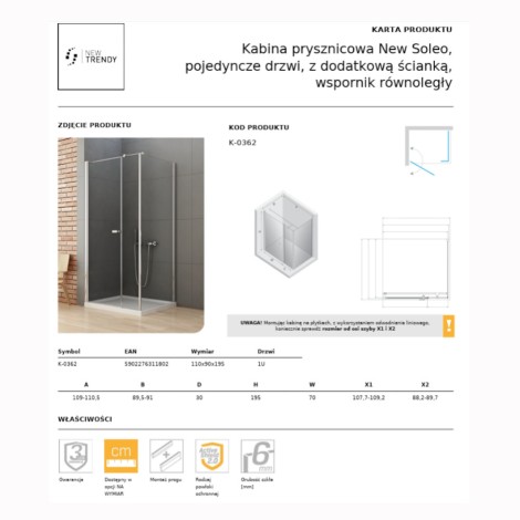 New Trendy New Soleo kabina prysznicowa prostokątna drzwi pojedyncze, z dodatkową ścianką, wspornik