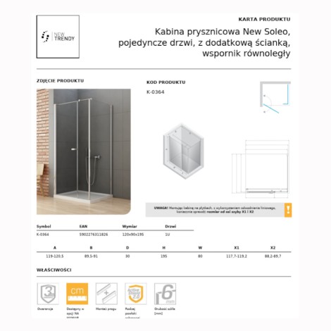 New Trendy New Soleo kabina prysznicowa prostokątna drzwi pojedyncze, z dodatkową ścianką, wspornik