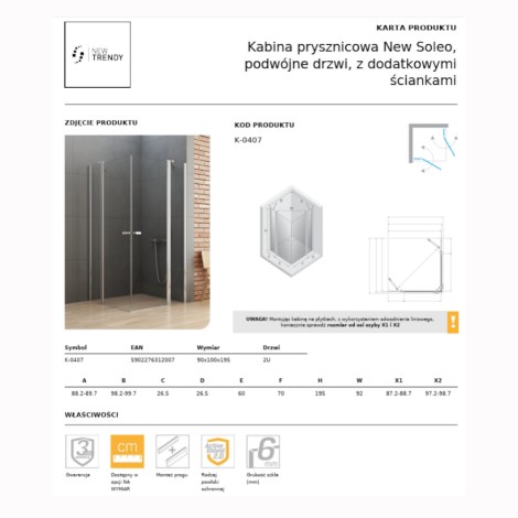 New Trendy New Soleo kabina prysznicowa prostokątna drzwi podwójne, z dodatkowymi ściankami 90x100 