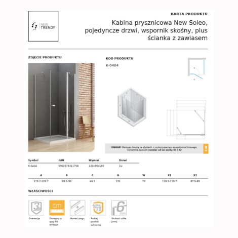 New Trendy New Soleo kabina prysznicowa prostokątna drzwi pojedyncze, wspornik skośny plus ścianka 