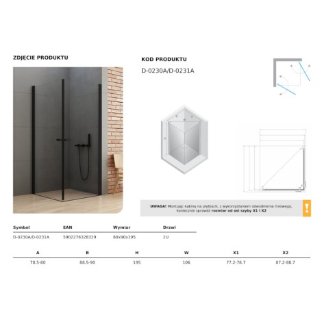 New Trendy New Soleo Black kabina prysznicowa podwójne drzwi 80x90x195