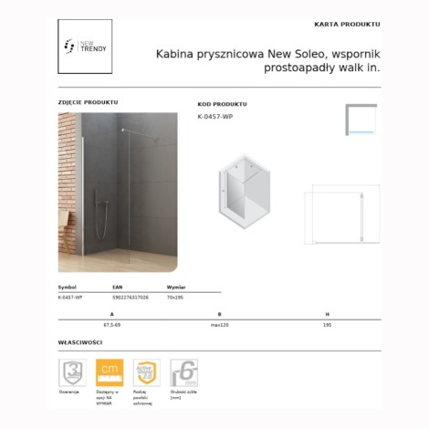 New Trendy New Soleo kabina prysznicowa walk-in, wspornik prostopadły 70x195 cm chrom