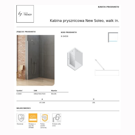 New Trendy New Soleo kabina prysznicowa walk-in 90x195 cm chrom