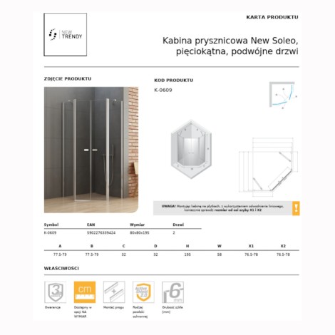 New Trendy New Soleo kabina prysznicowa pięciokątna drzwi podwójne 80x80 cm chrom