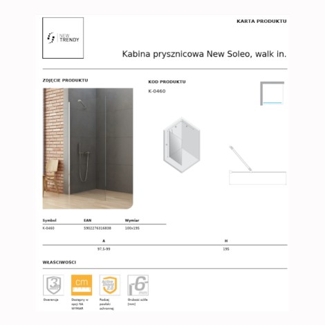 New Trendy New Soleo kabina prysznicowa walk-in 100x195 cm chrom