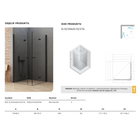 New Trendy New Soleo Black kabina prysznicowa drzwi podwójne składane 80x80x195