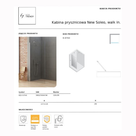New Trendy New Soleo kabina prysznicowa walk-in 120 cm chrom