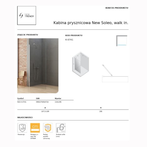 New Trendy New Soleo kabina prysznicowa walk-in 110 cm chrom