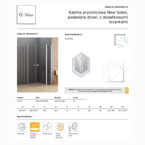 New Trendy New Soleo kabina prysznicowa prostokątna drzwi podwójne z dodatkowymi ściankami 100x110 