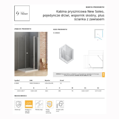 New Trendy New Soleo kabina prysznicowa kwadratowa drzwi pojedyncze, wspornik skośny plus ścianka z