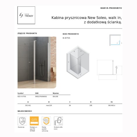 New Trendy New Soleo kabina prysznicowa walk-in z dodatkową ścianką 60 cm chrom