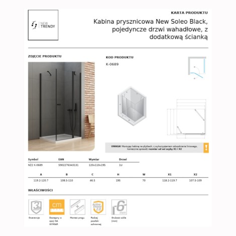 New Trendy New Soleo Black kabina prysznicowa prostokątna drzwi wahadłowe pojedyncza z dodatkową śc