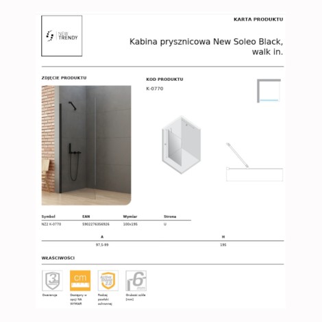 New Trendy New Soleo Black kabina prysznicowa walk-in 100 cm czarna