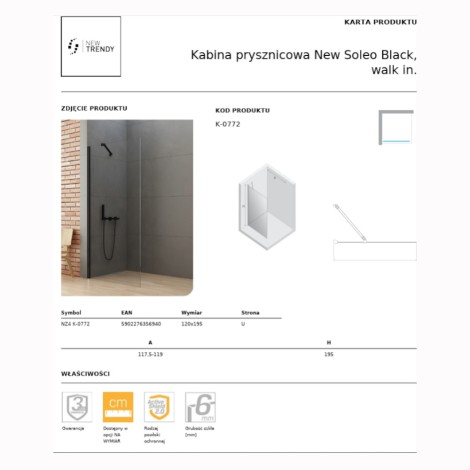 New Trendy New Soleo Black kabina prysznicowa walk-in 120 cm czarna